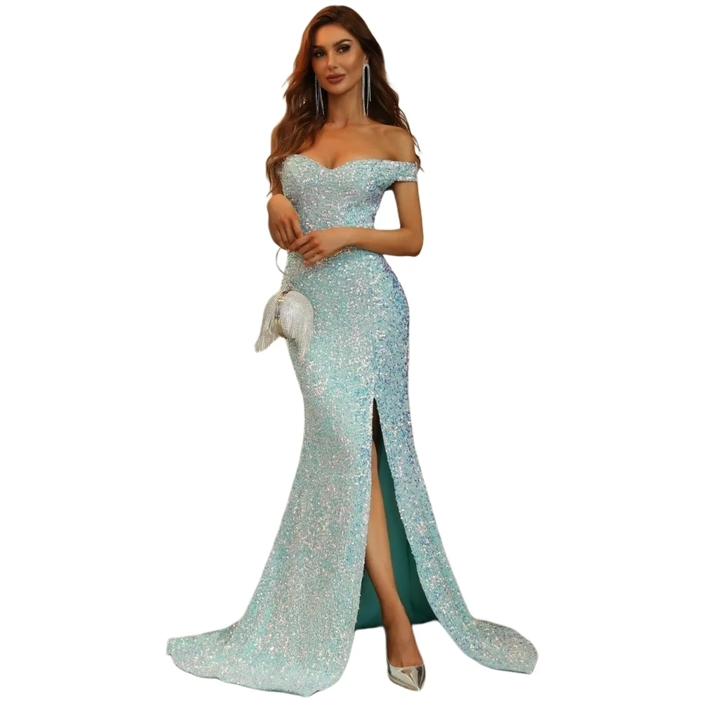 Faeriesty Mint Off Shoulder Sweetheart Neck High Slit Sequin Party Dress Size XS